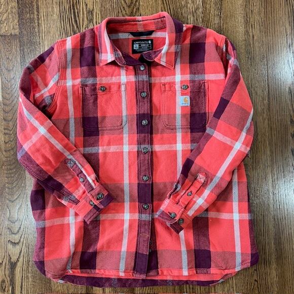 Carhartt Rugged Flex Loose Fit Twill Flannel Shacket Womens L Orange Plaid - Picture 1 of 11